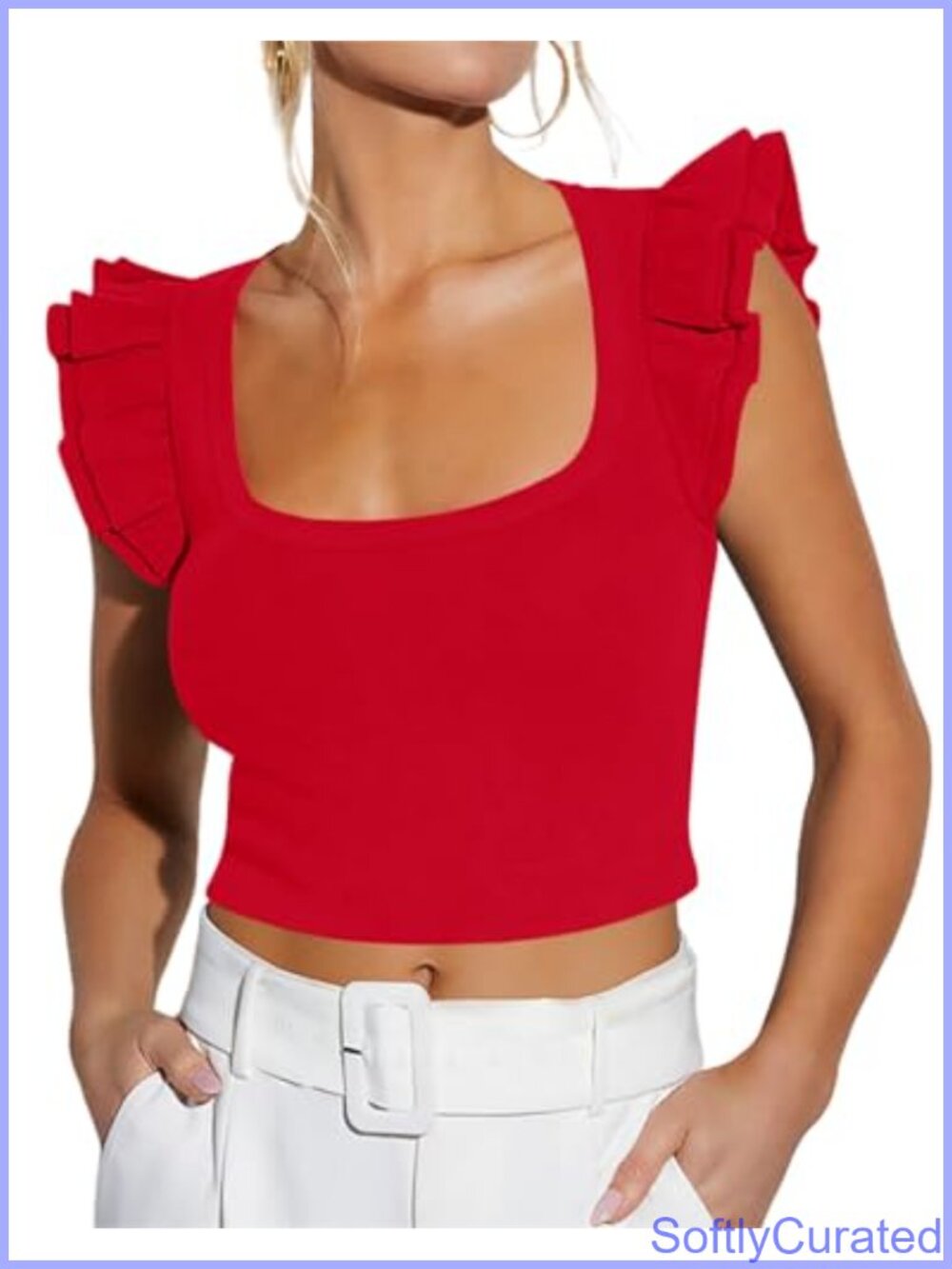 Women's Cropped Square Neck Tank Top Ruffle Sleeve Summer Slim Fit